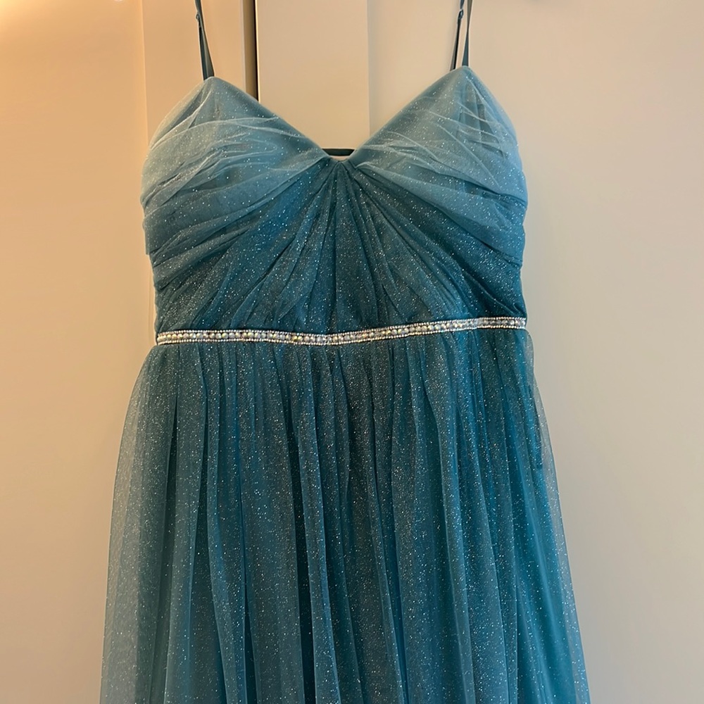 Ombré teal and white size 13/14 sparkly prom dress.